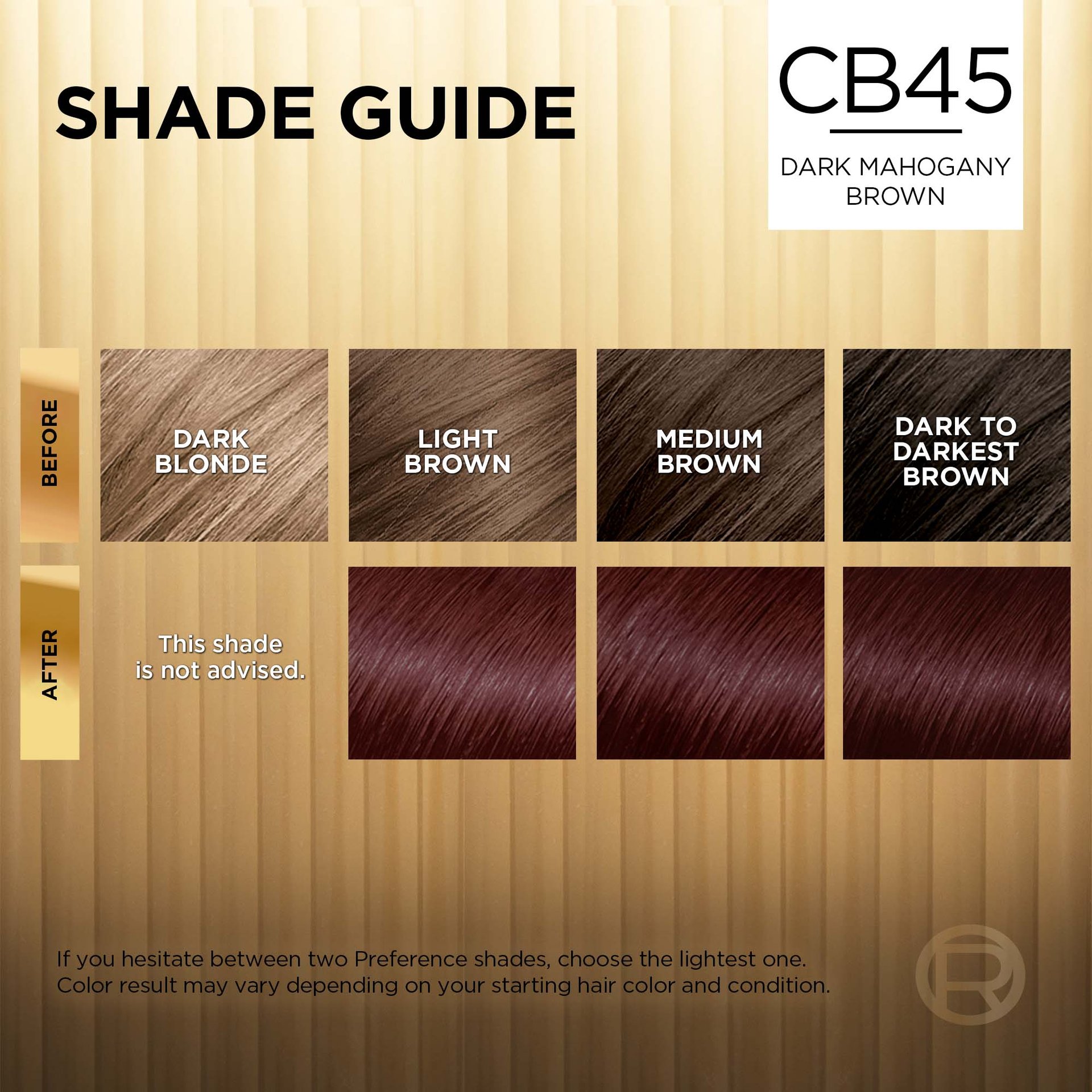 Hair before and after using Superior Preference CB45 Dark Mahogany Brown